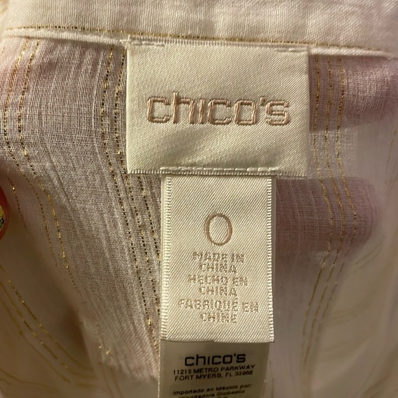 Chico’s Cream with Metallic Gold Stripe Cold Shoulder Long Sleeve Button Blouse - Picture 4 of 16